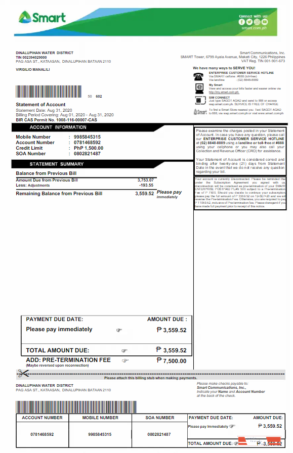 PHILIPPINES SMART utility bill Word and PDF template